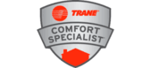 trane comfort specialist logo in red on what resembles a triangular silver shield.